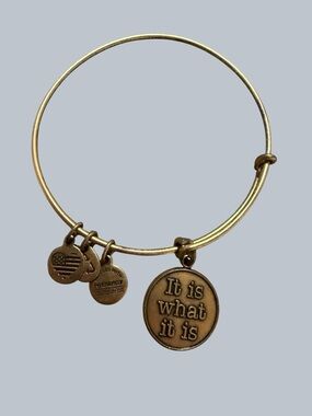 Alex and Ani Gold Tone Round Logo Charm Bangle “It is what it is”